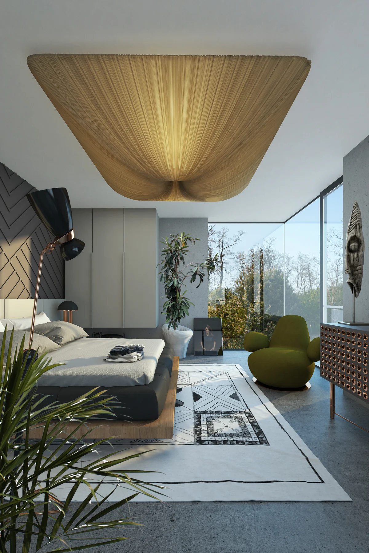 Flathouse Kbely – ložnice s výhledem do zahrady